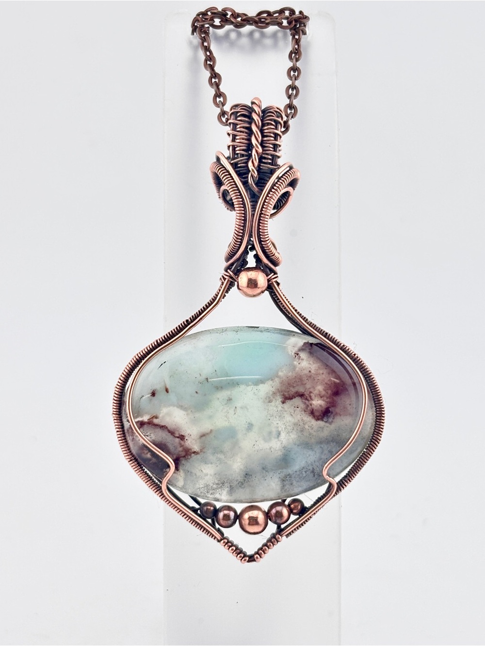 HANDMADE Aqua Chalcedony Copper Wire Wrapped Pendant Necklace, Artisan Jewelry